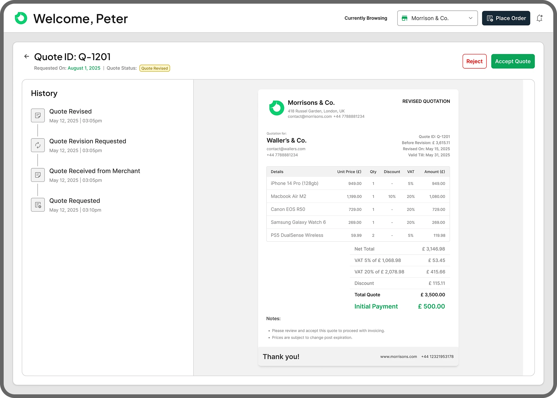B2B Portal Order Confirmation