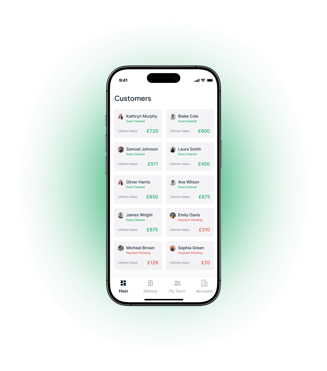 Customers screen showcasing all customers belonging to a merchant on the Zendr app