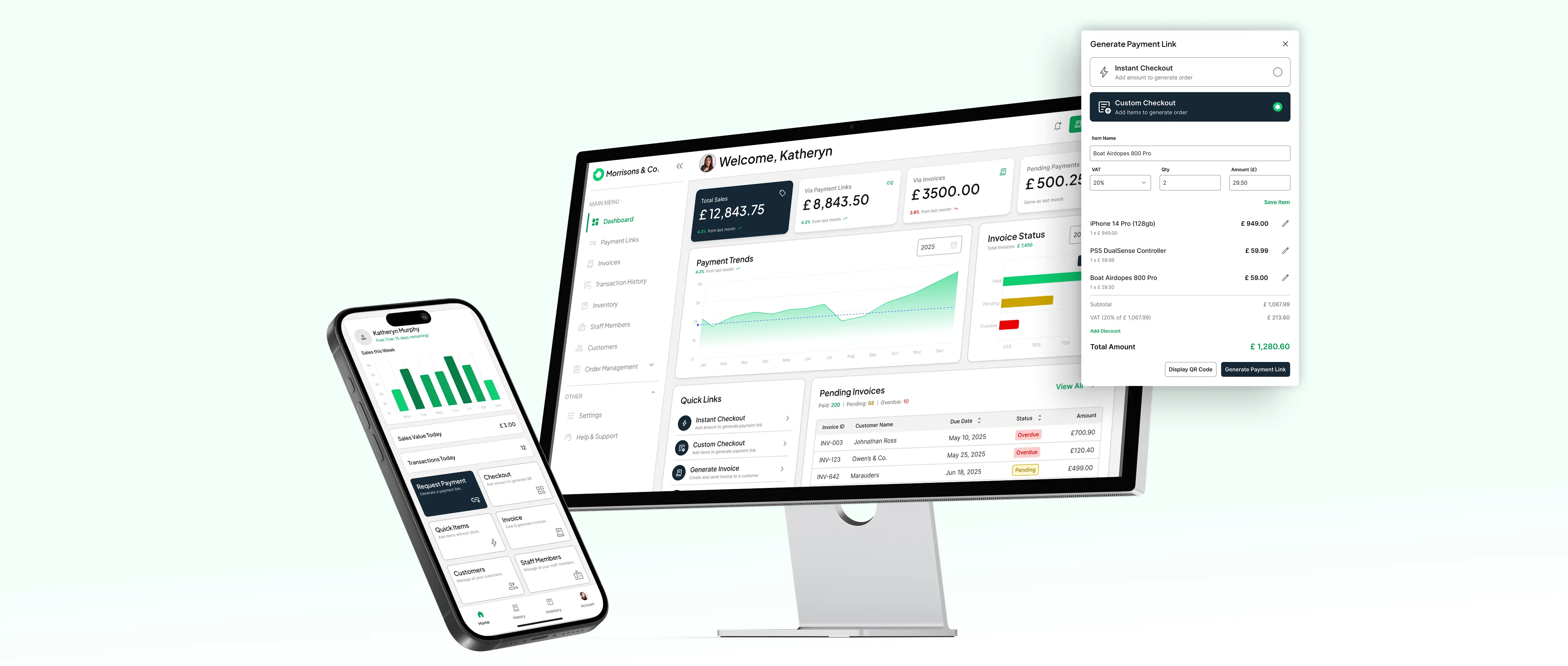 Zendr ERP dashboard and mobile app showcasing payment collection, inventory tracking, and team management features for wholesalers